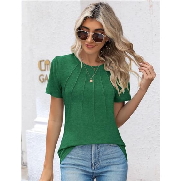 Women's Casual Crew Neck Short Sleeve Pleated Blouse Tops - Picture 5 of 6